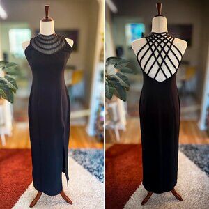 Vintage 1990s Côte à Côte Black Maxi Dress – Sheer Mesh & Strappy Back | Size M